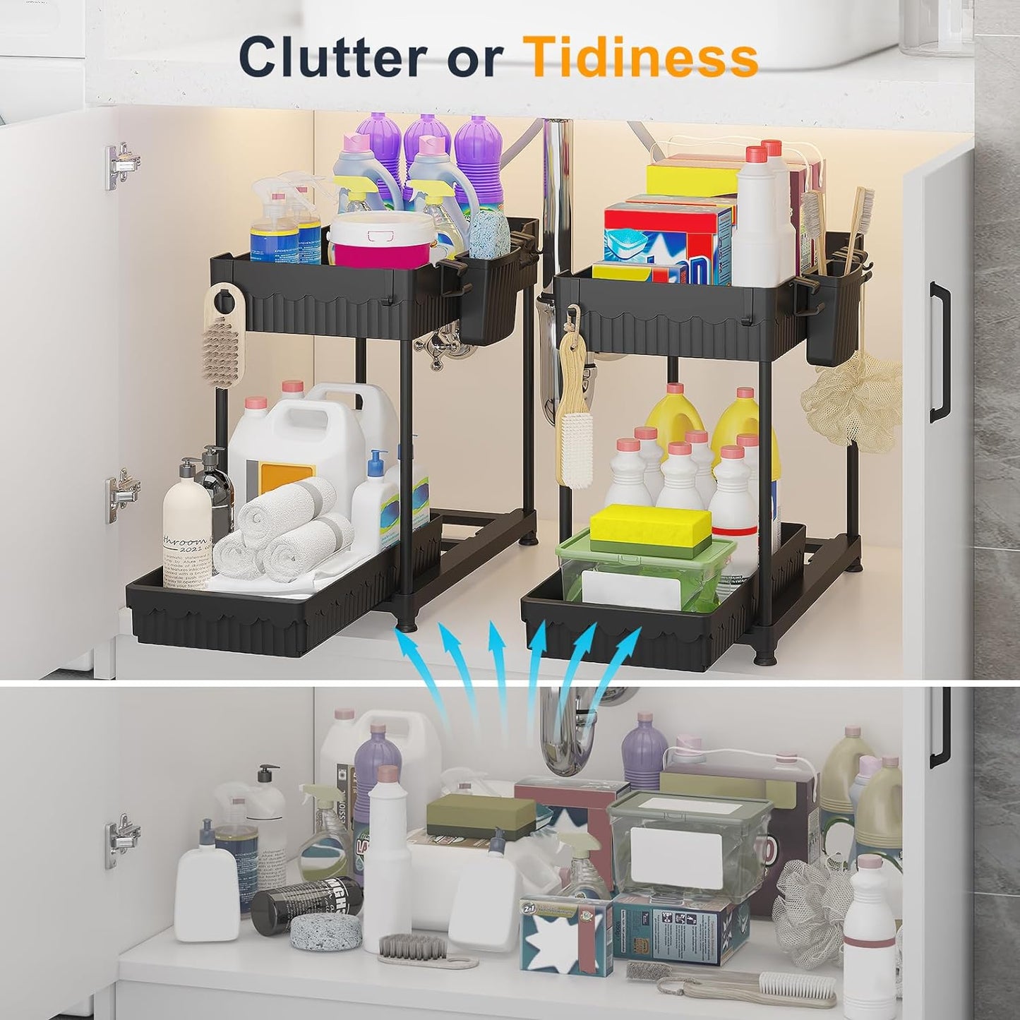 2 Pack Under Sink Organizers and Storage, 2 Tier Sliding Bathroom organizer